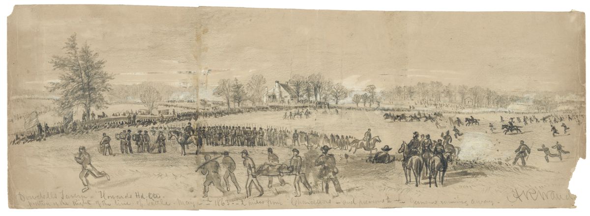 Dowdalls Tavern Howards Hd.-Qtrs, by Alfred R. Waud. Inscribed below image: position of the Right of the line of battle. May 2nd 1863. 2 miles from Chancellors previous to the Germans running away. Published in: Harper’s Weekly, May 23, 1863, pp. 328-329, as: The Battles at Chancellorsville Howard’s Head-Quarters, and Position of the Right Line of Battle, May 2. (Library of Congress)