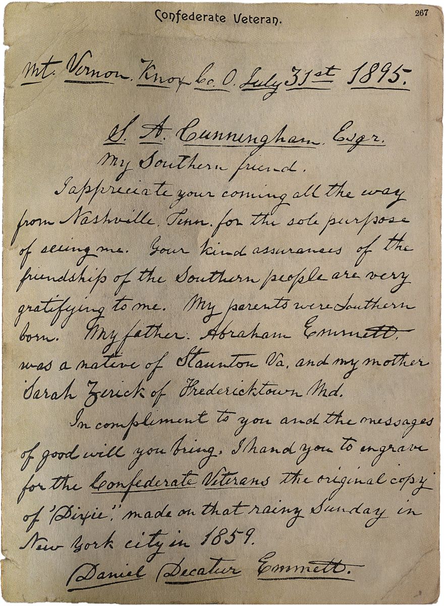 Handwritten note by Daniel Decatur Emmett published in the Confederate Veteran