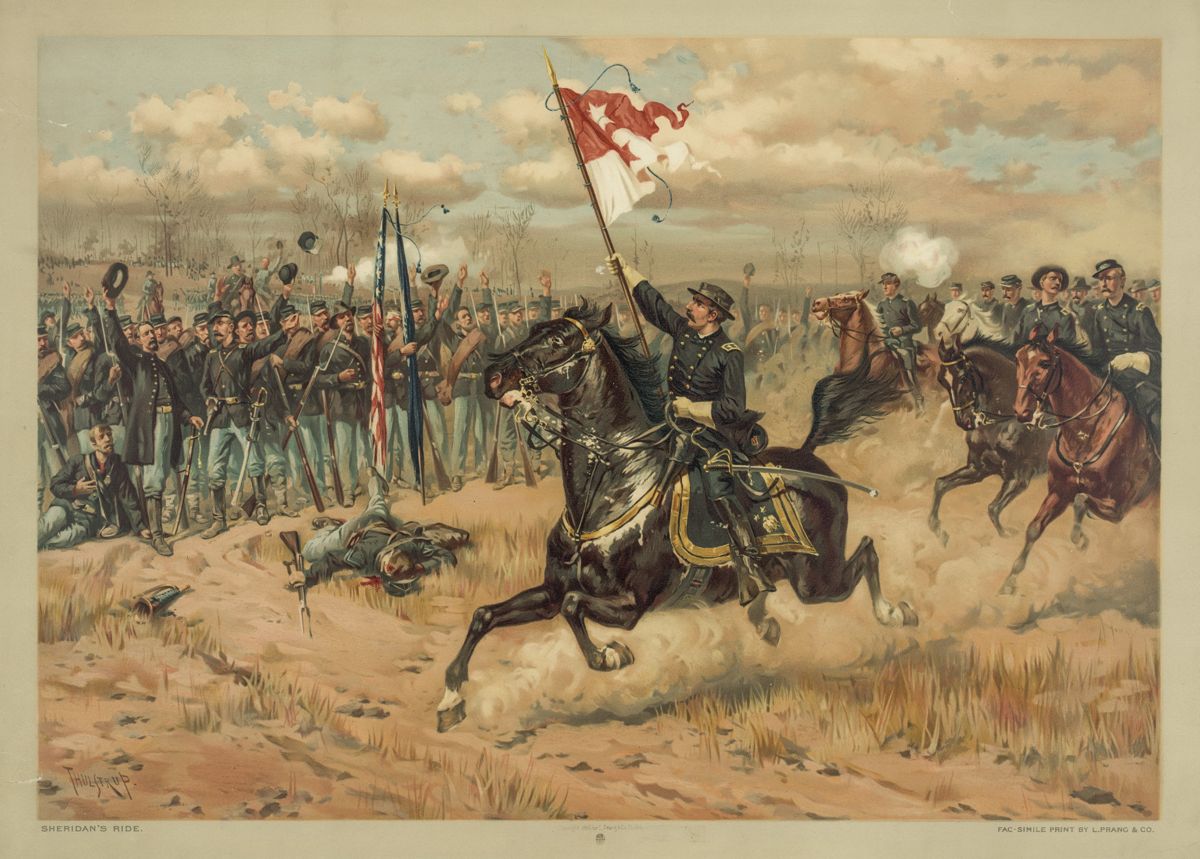 Sheridan’s Ride – His arrival on battlefield credited with rallying Federal troops after initial setback. (Thulstrup; facsimile print by L. Prang & Co. Library of Congress)