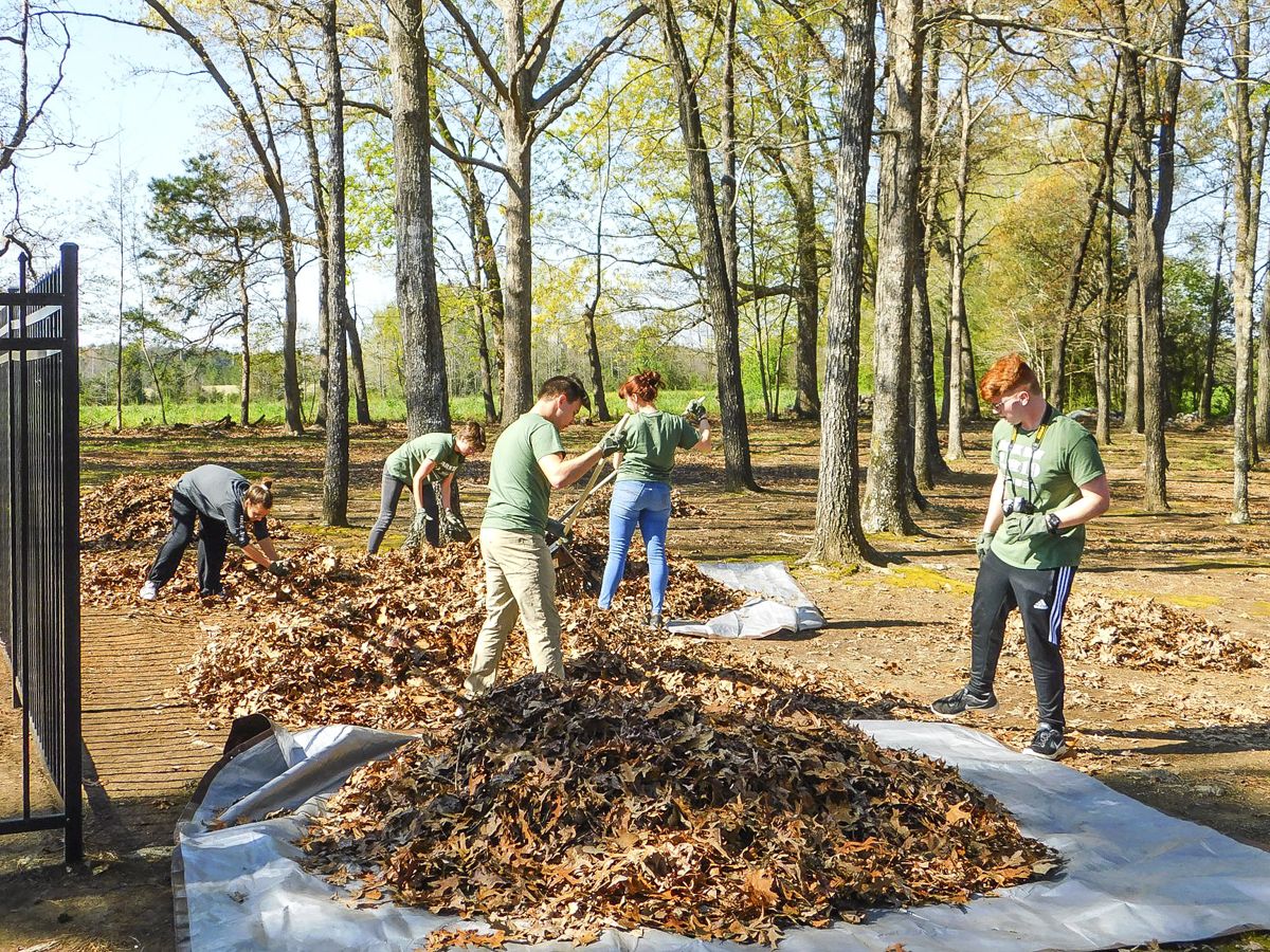 Park Day volunteers rake leaves at Buford Massacre Battlefield. (Courtesy American Battlefield Trust)