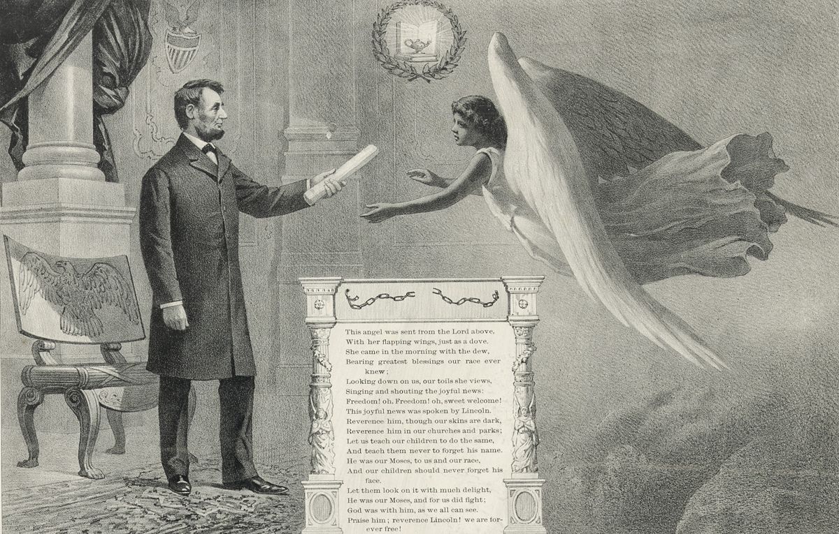 Is that a Christmas angel visiting Abraham Lincoln, or the Emancipation Proclamation’s delivery service?