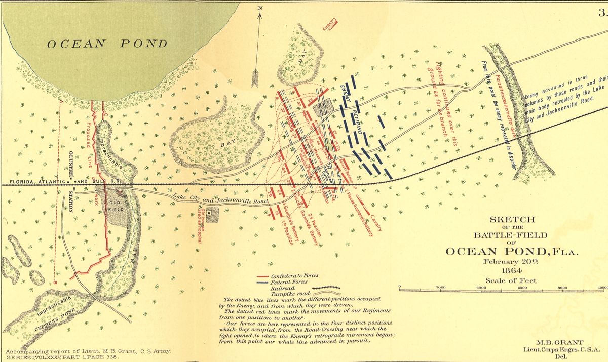 Ocean Pond map of the Feb. 20, 1864 battle. (Official Records Atlas, plate 53, no. 3. Library of Congress)