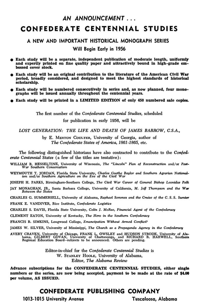 Advertisement in Nov. 1955 The Journal of Southern History, vol. 21, No.