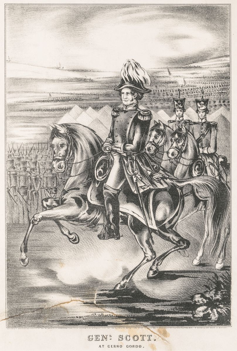 General Scott at Cerro Gordo. Print shows General Winfield Scott, full-length portrait, wearing military uniform, facing left, riding on horseback at the battle of Cerro Gordo, Mexico, with soldiers in the background.