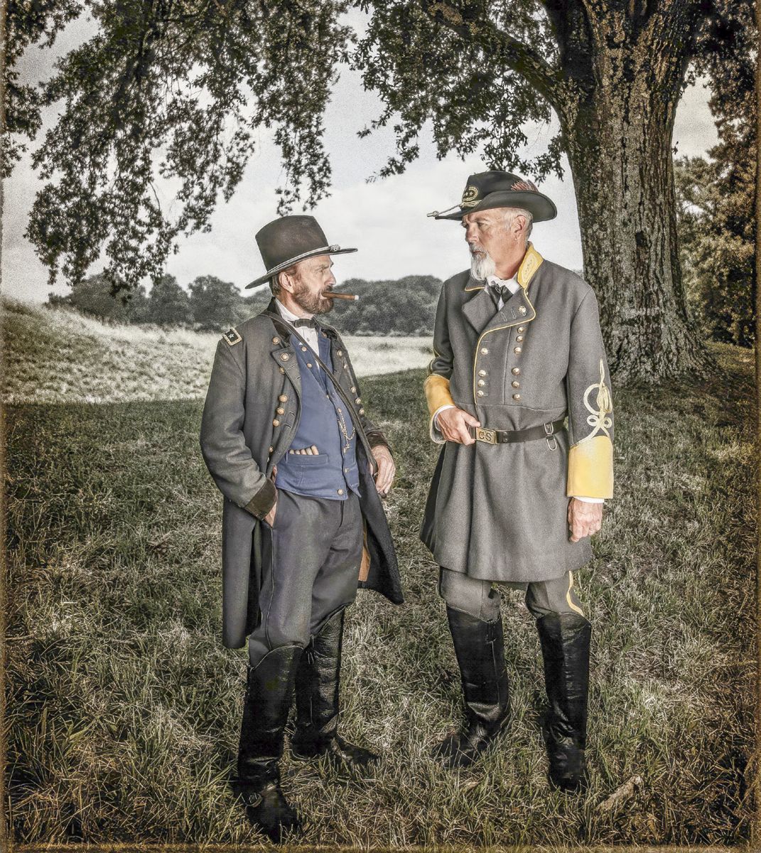 General Grant and Pemberton discuss the terms of surrender on “Surrender Knoll.” (Buddy Secor)